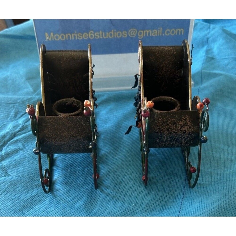 Holiday Pair of Decorative Metal Sleigh Candle Holders with Red & Green Accents